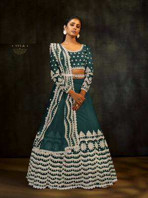 Dark-green embroidered net lehenga 1