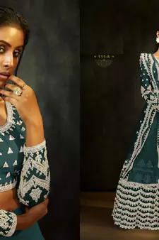 Dark-green embroidered net lehenga