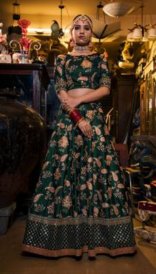 Dazzling Dark Green Dori Sequins And Thread Embroidered Taffeta Silk Designer Lehenga For Wedding 6