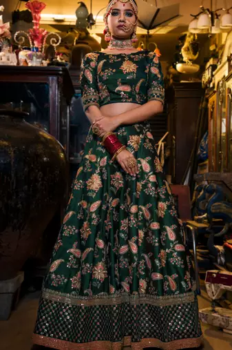 Dazzling Dark Green Dori Sequins And Thread Embroidered Taffeta Silk Designer Lehenga For Wedding
