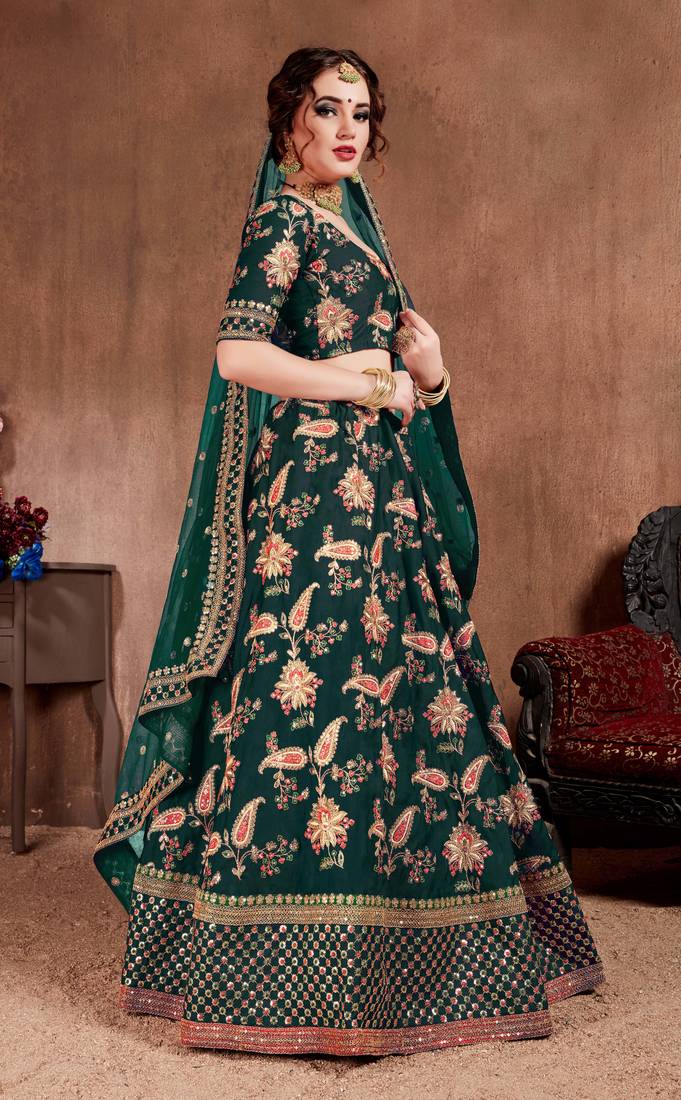 Dazzling Dark Green Dori, Sequins, and Thread Embroidered Taffeta Silk Fabric Designer Lehenga for wedding