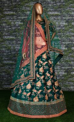 Dazzling Dark Green Dori Sequins And Thread Embroidered Taffeta Silk Designer Lehenga For Wedding 7