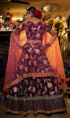 Seductive Purple Dori Sequins And Thread Embroidered Taffeta Silk Designer Lehenga For Wedding 6