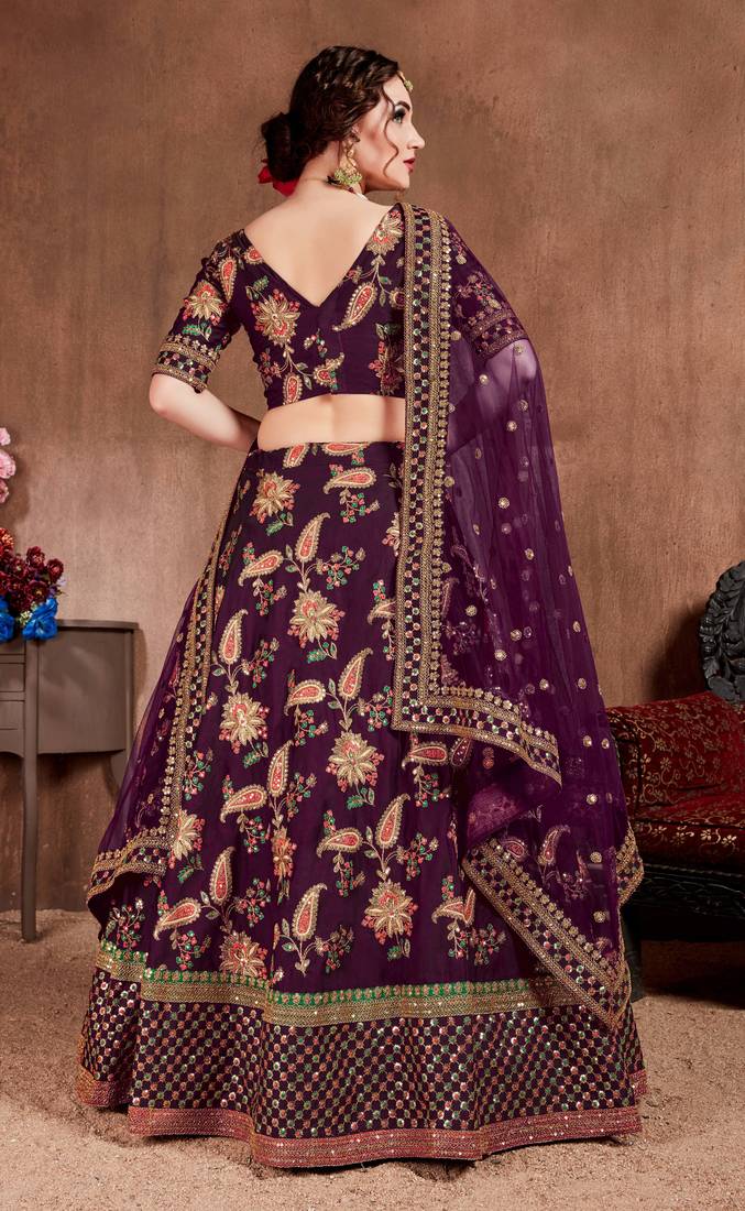 Seductive Purple Dori, Sequins, and Thread Embroidered Taffeta Silk Fabric Designer lehenga for wedding