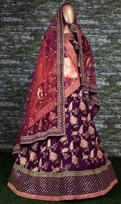 Seductive Purple Dori Sequins And Thread Embroidered Taffeta Silk Designer Lehenga For Wedding 8