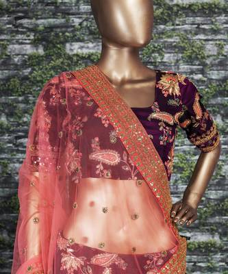 Seductive Purple Dori Sequins And Thread Embroidered Taffeta Silk Designer Lehenga For Wedding 9
