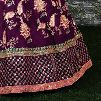 Seductive Purple Dori Sequins And Thread Embroidered Taffeta Silk Designer Lehenga For Wedding 10