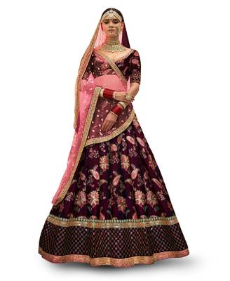 Seductive Purple Dori Sequins And Thread Embroidered Taffeta Silk Designer Lehenga For Wedding 11