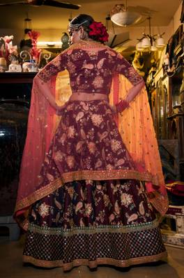 Appetizing Maroon Dori Sequins And Thread Embroidered Taffeta Silk Lehenga Choli For Bride 7