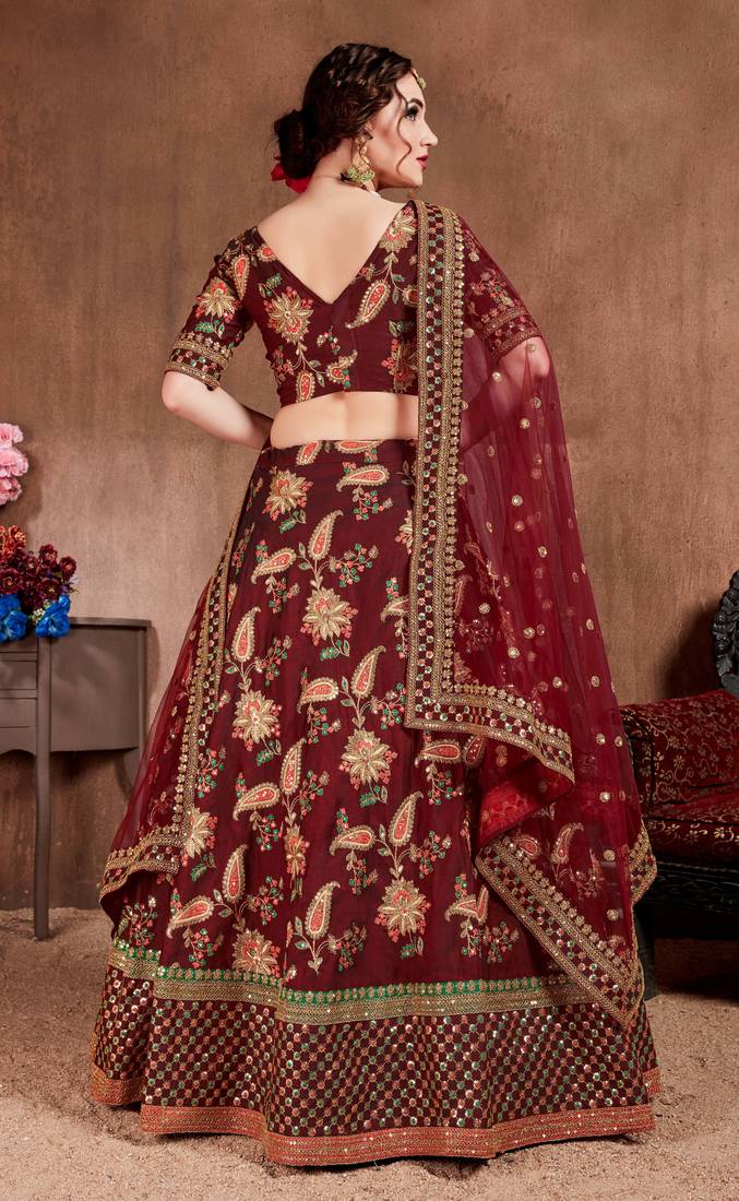 Appetizing Maroon Dori, Sequins, and Thread Embroidered Taffeta Silk Fabric Lehenga choli for Bride
