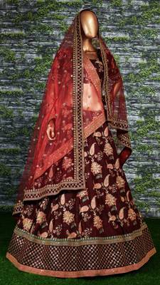 Appetizing Maroon Dori Sequins And Thread Embroidered Taffeta Silk Lehenga Choli For Bride 8