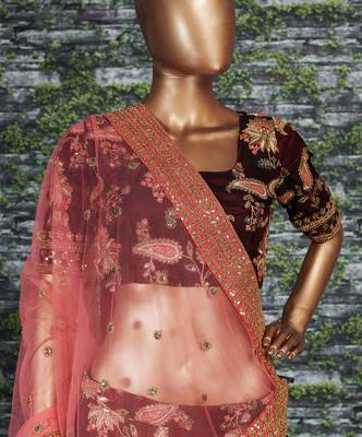 Appetizing Maroon Dori Sequins And Thread Embroidered Taffeta Silk Lehenga Choli For Bride 9