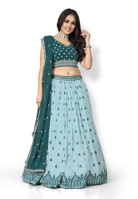 Sky-blue thread embroidery
 georgette semi stitched lehenga 1