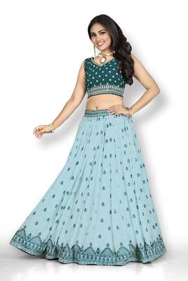 Sky-blue thread embroidery
 georgette semi stitched lehenga 3