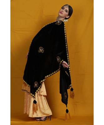 Black velvet chikankari shawl/duppatta  emblished with beads and tassels 1