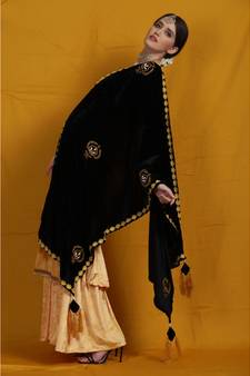 Black velvet chikankari shawl/duppatta  emblished with beads and tassels