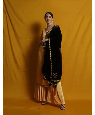 Black velvet chikankari shawl/duppatta  emblished with beads and tassels 2