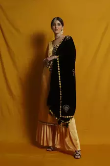 Black velvet chikankari shawl/duppatta  emblished with beads and tassels