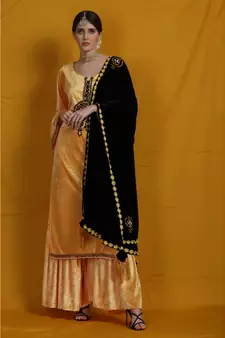 Black velvet chikankari shawl/duppatta  emblished with beads and tassels