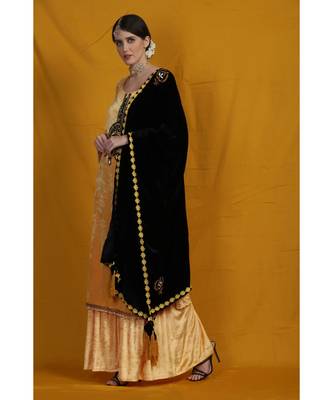 Black velvet chikankari shawl/duppatta  emblished with beads and tassels 4