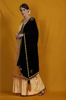Black velvet chikankari shawl/duppatta  emblished with beads and tassels