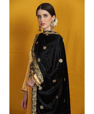 Black velvet embroided shawl/duppatta  emblished with beads laces and tassels 1
