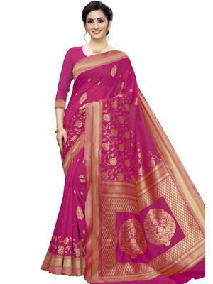 Rani pink woven banarasi saree with blouse 1