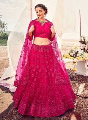lovely Razzmatazz Pink Thread, Zari, and Sequins Embroidered with Stone work net Semi Stitched Lehenga 1