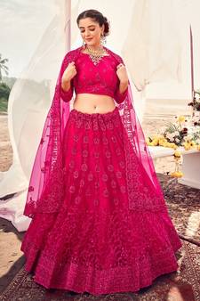 lovely Razzmatazz Pink Thread, Zari, and Sequins Embroidered with Stone work net semi stitched lehenga