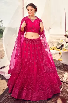 lovely Razzmatazz Pink Thread, Zari, and Sequins Embroidered with Stone work net semi stitched lehenga