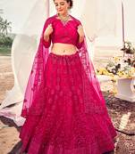 lovely Razzmatazz Pink Thread, Zari, and Sequins Embroidered with Stone work net Semi Stitched Lehenga