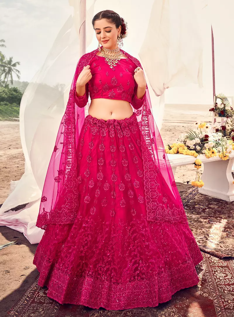 lovely Razzmatazz Pink Thread, Zari, and Sequins Embroidered with Stone work net semi stitched lehenga