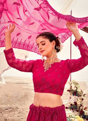 lovely Razzmatazz Pink Thread, Zari, and Sequins Embroidered with Stone work net Semi Stitched Lehenga 2