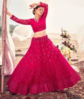 lovely Razzmatazz Pink Thread, Zari, and Sequins Embroidered with Stone work net Semi Stitched Lehenga 3