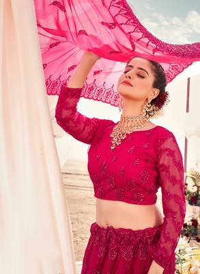 lovely Razzmatazz Pink Thread, Zari, and Sequins Embroidered with Stone work net Semi Stitched Lehenga 4