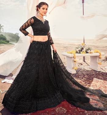 lovable Black Thread, Zari, and Sequins Embroidered with Stone work net Semi Stitched Lehenga 1