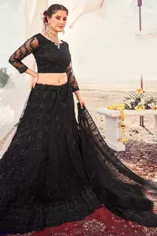 lovable Black Thread, Zari, and Sequins Embroidered with Stone work net semi stitched lehenga