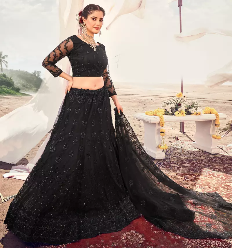 lovable Black Thread, Zari, and Sequins Embroidered with Stone work net semi stitched lehenga