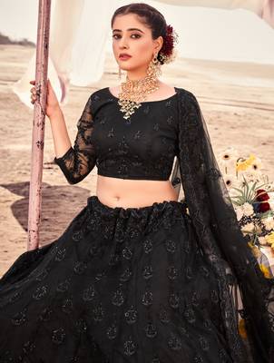 lovable Black Thread, Zari, and Sequins Embroidered with Stone work net Semi Stitched Lehenga 2
