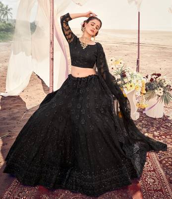 lovable Black Thread, Zari, and Sequins Embroidered with Stone work net Semi Stitched Lehenga 3