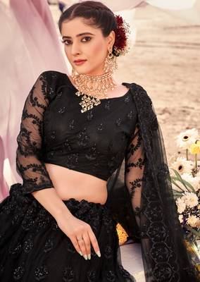 lovable Black Thread, Zari, and Sequins Embroidered with Stone work net Semi Stitched Lehenga 4