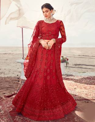 adorable Cardinal Red Thread, Zari, and Sequins Embroidered with Stone work net Semi Stitched Lehenga 1