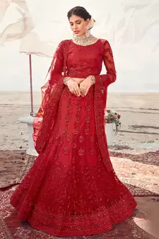 adorable Cardinal Red Thread, Zari, and Sequins Embroidered with Stone work net semi stitched lehenga