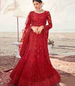 adorable Cardinal Red Thread, Zari, and Sequins Embroidered with Stone work net Semi Stitched Lehenga