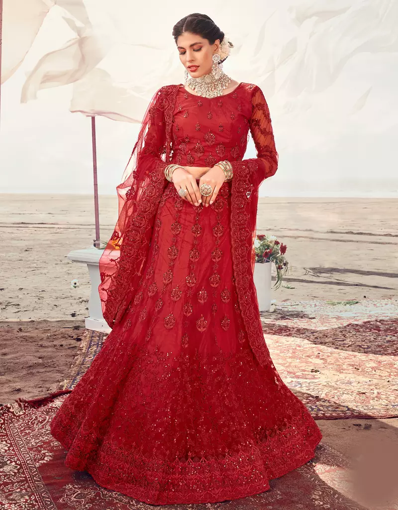 adorable Cardinal Red Thread, Zari, and Sequins Embroidered with Stone work net semi stitched lehenga