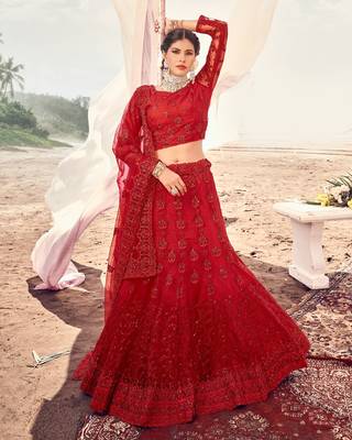 adorable Cardinal Red Thread, Zari, and Sequins Embroidered with Stone work net Semi Stitched Lehenga 2