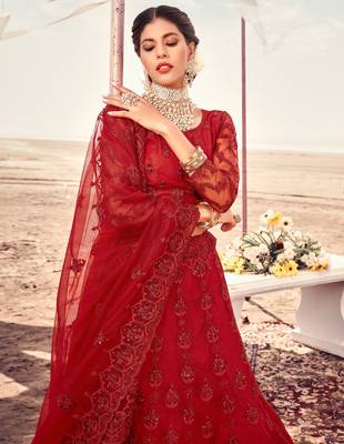 adorable Cardinal Red Thread, Zari, and Sequins Embroidered with Stone work net Semi Stitched Lehenga 3