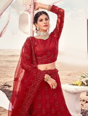 adorable Cardinal Red Thread, Zari, and Sequins Embroidered with Stone work net Semi Stitched Lehenga 4