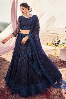 cute Blackcurrant Blue Thread, Zari, and Sequins Embroidered with Stone work net semi stitched lehenga
