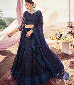 cute Blackcurrant Blue Thread, Zari, and Sequins Embroidered with Stone work net Semi Stitched Lehenga